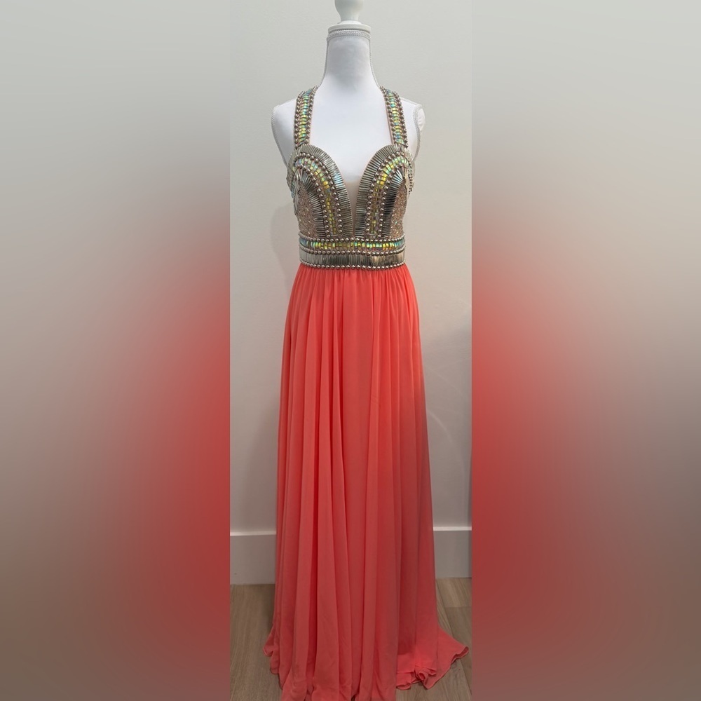 Terani Couture Coral Gown with Embellished Bodice